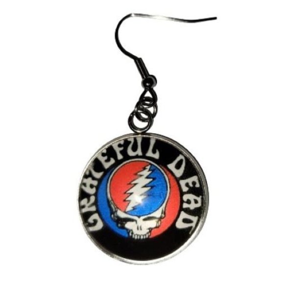 Grateful Dead Steal Your Face Earrings Glass Photo Cabochon Pendant NWOT - Picture 2 of 5